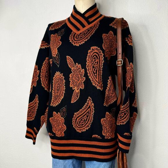 Obermeyer Vintage Womens Sweater Ski Paisley Orange Black Metallic Varsity Med - Picture 1 of 6